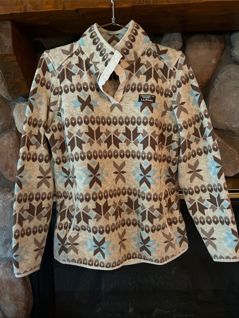 LL Bean Women’s Sweater Fleece Pullover 1/4 Snap Neck Geo Print Jacket, Sz M